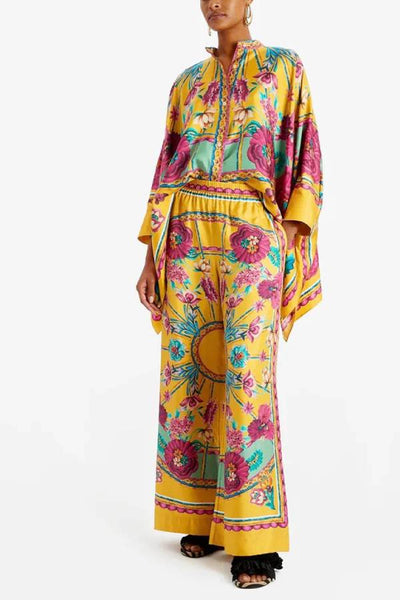 Fine Satin Floral Print Batwing Sleeve Pants Set - Ginger yellow