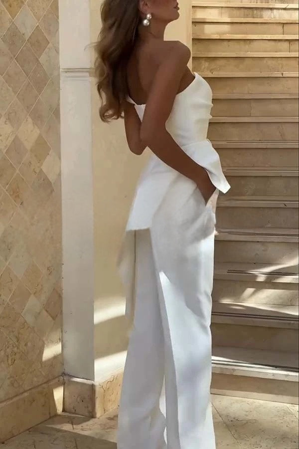 Amena One Shoulder Sweetheart Neck Ruffle Hem Top and Elastic Waist Pocket Wide Leg Pants Set