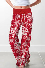 Christmas Drawstring Printed Wide Leg Pants