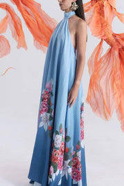 Blooming Flowers Satin Printed A-line Halter Tie-up Maxi Dress