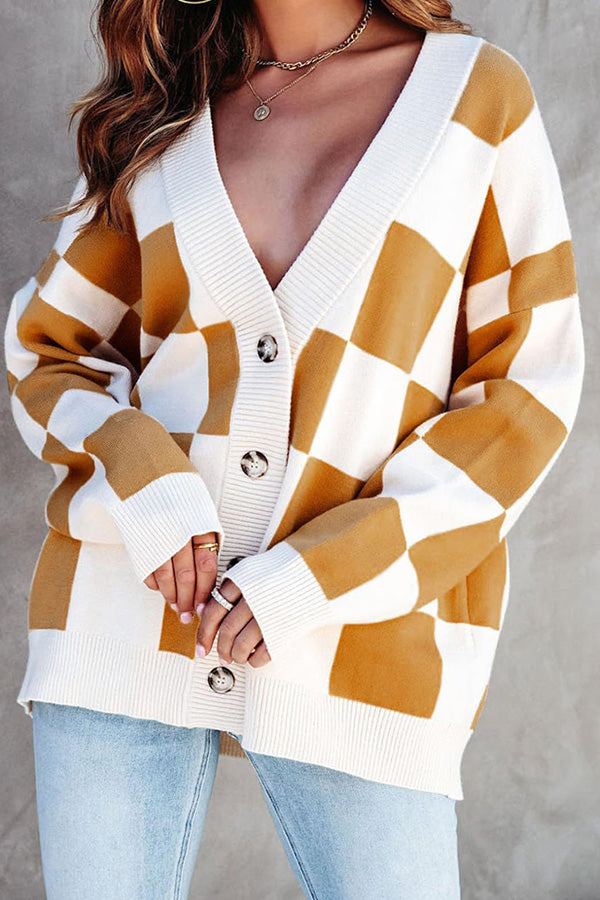 Casual loose checkerboard contrasting V-neck buttoned long-sleeved knitted cardigan