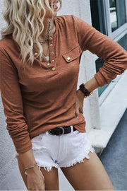 Ribbed Snap Button Henley Long Sleeve Top