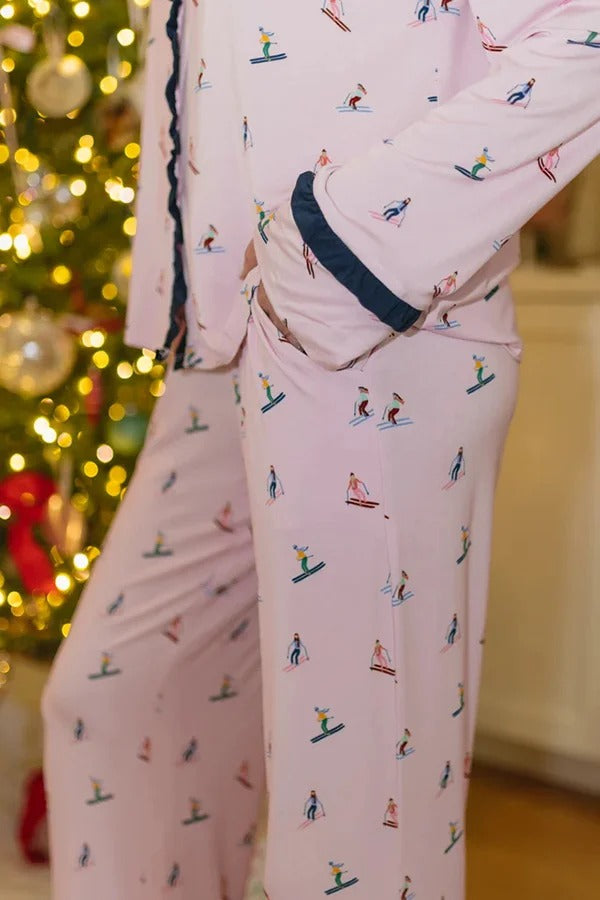 Postcards To Santa Unique Print Ruffles Trim Pocket Shirt and Elastic Waist Pajama Set