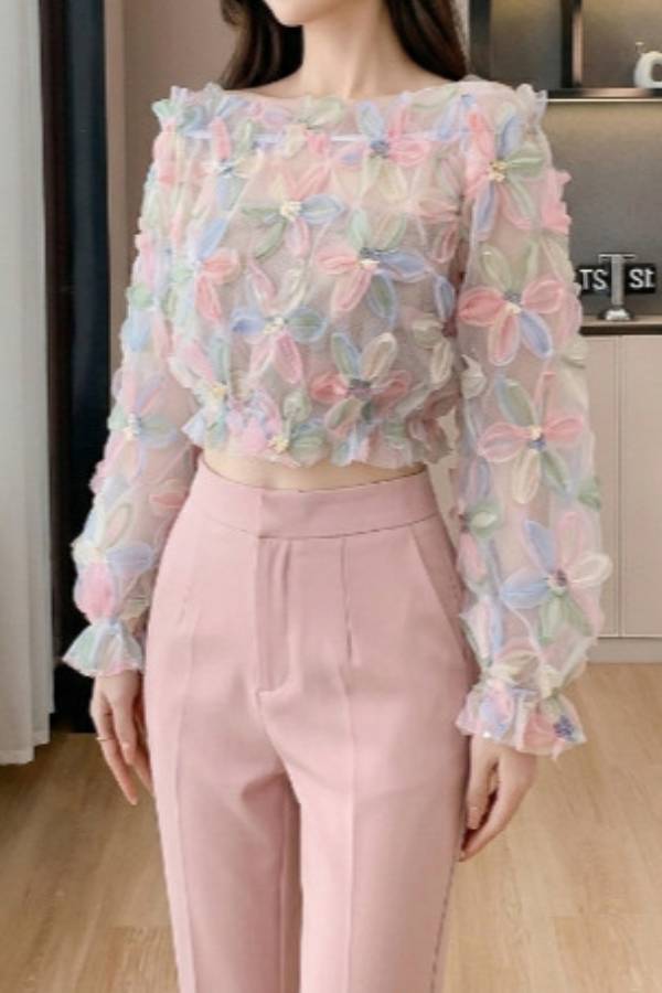 3D Floral Mesh Off Shoulder Blouse