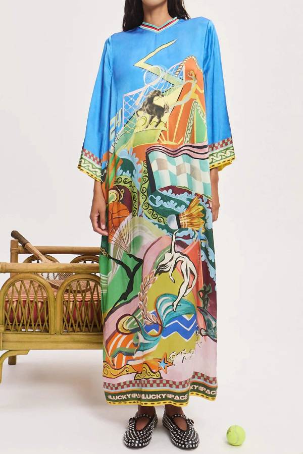 Abstract Art Oil Painting Print Midi Maxi Dress V Neck Side Split Satin Vacation Long Dress