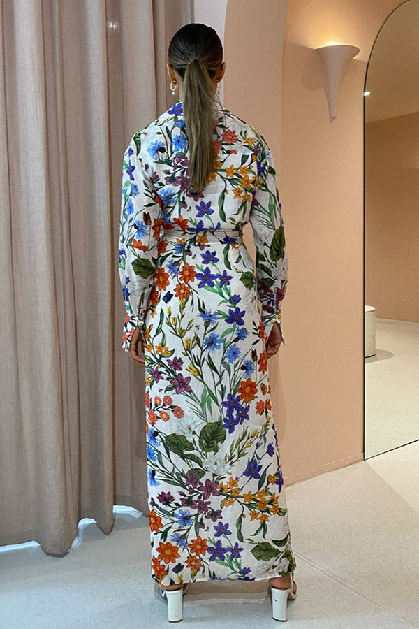 Modern Romantic Linen Blend Floral Print Wrap Shirt Maxi Dress