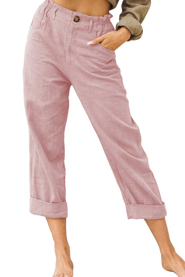 Solid color cotton and linen fashionable loose high waist casual pants