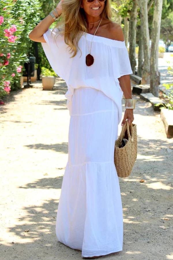 Casual Off Shoulder Solid Beach Maxi Dress