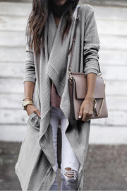 Light Grey Waffle Knit Drape Front Long Cardigan