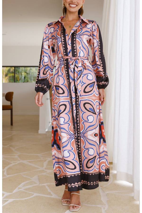 COLLARED BUTTON UP LONG BALLOON SLEEVE MAXI DRESS