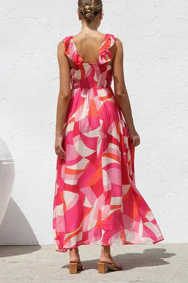 Unique Printed V-neck Ruffled Straps Pleated Back Maxi Dress