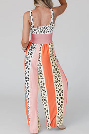 Pink Leopard Color Block Mix Print Straps Jumpsuit