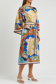 Unique Print Boat Neck Bell Sleeve Belt Pocketed Midi Dress