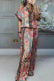 Boho Print Tassel Detail Casual Elastic Waist Pocket Wide-Leg Pants