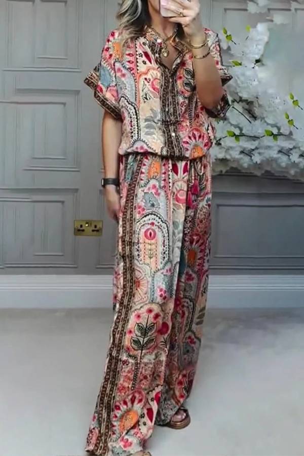 Boho Printed Fringe-Accented Loose Blouse