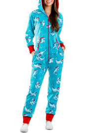 Christmas Print Zipper Pocketed Hooded Loungewear Jumpsuit