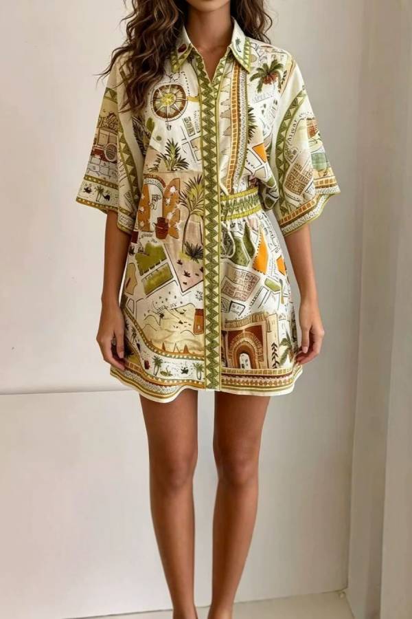 North African Scenic Map Print Short Sleeve Shirt & Shorts Two Piece Set