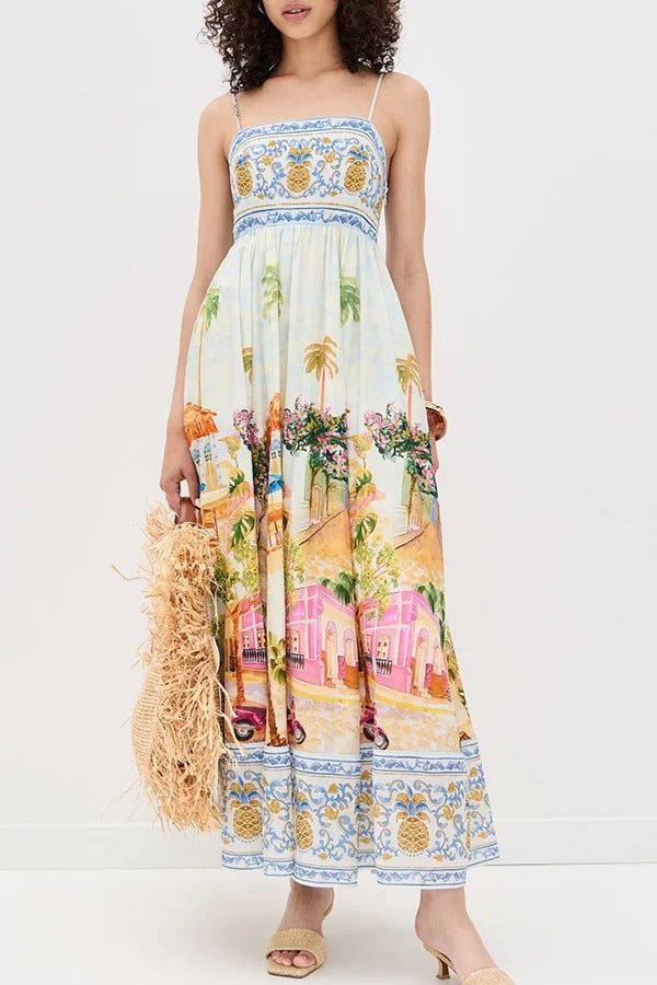 Aracati Multicolor Unique Print Back Smocked Pocket Maxi Dress