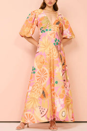 Maxi Gathered Neckline Dress In Fruit Punch