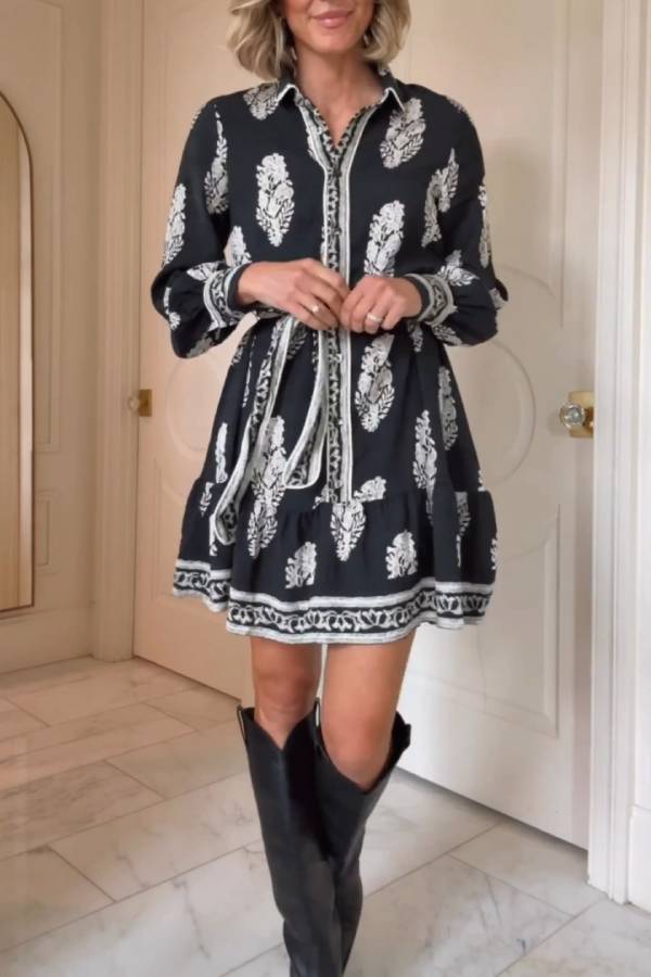 Black and white printed shirt dress with lantern sleeves