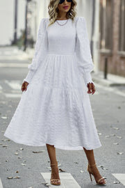 Solid Lantern Sleeve Ruffle Hem Shirred Dress