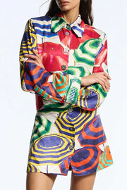 Elouise Satin Color Block Art Print Long Sleeve Button Back Elastic Waist H-line Mini Dress