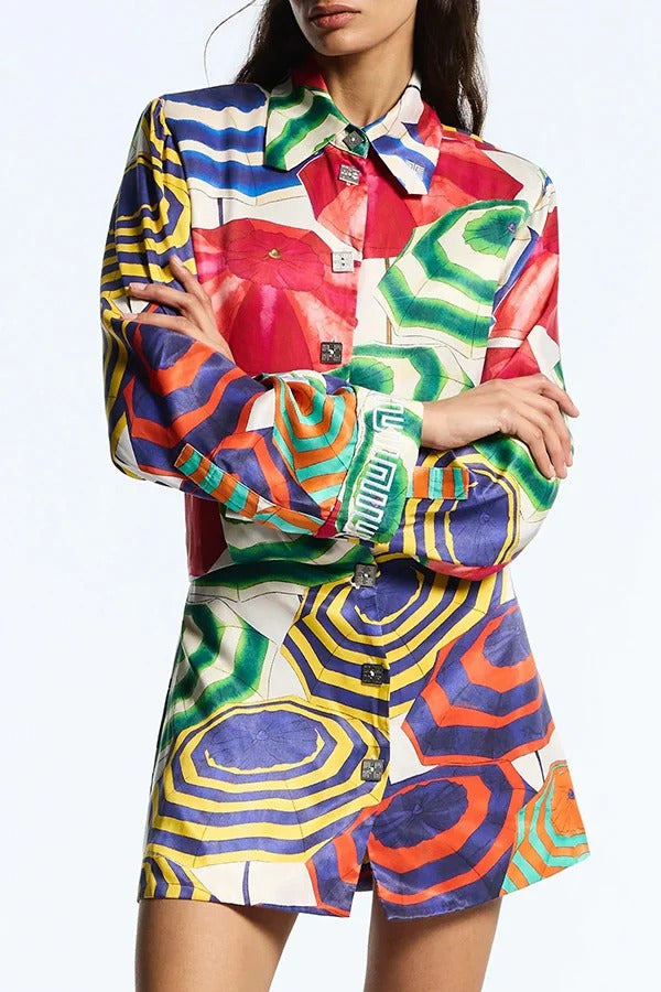 Elouise Satin Color Block Art Print Long Sleeve Button Back Elastic Waist H-line Mini Dress