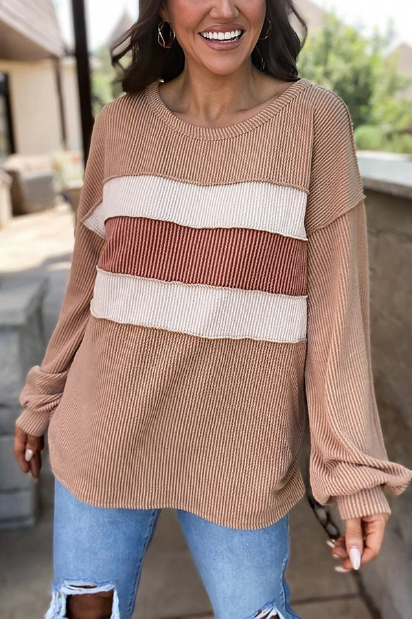 Light Beige Patchwork Corded Lantern Sleeve Top