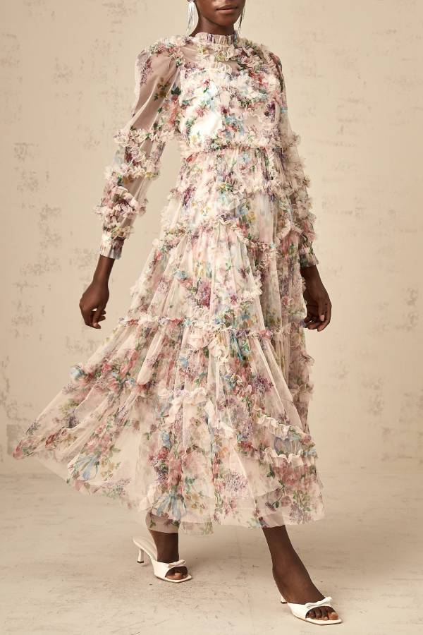 Candice floral ruffled tulle midi dress