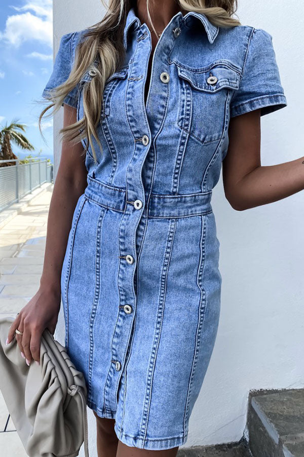 High Waist Single Breasted Denim Mini Dress