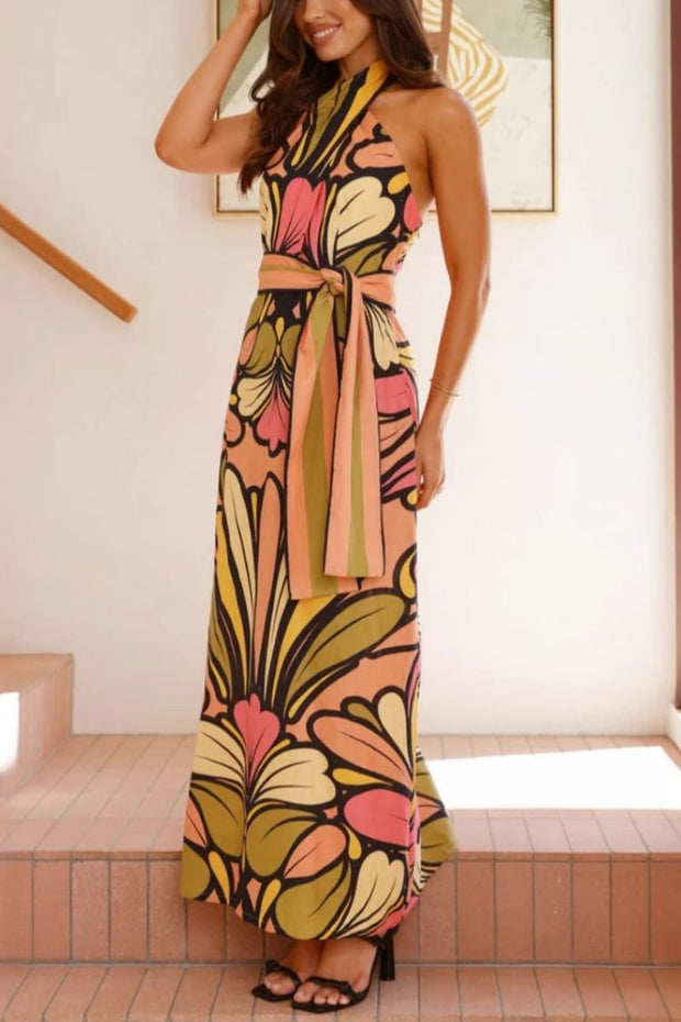 Unique Print Halter Neck Waist Tie Holiday Maxi Dress