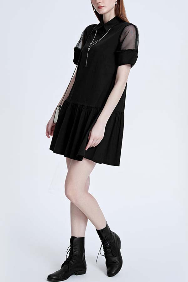 LAPEL COLLAR SMOCKED DRESS