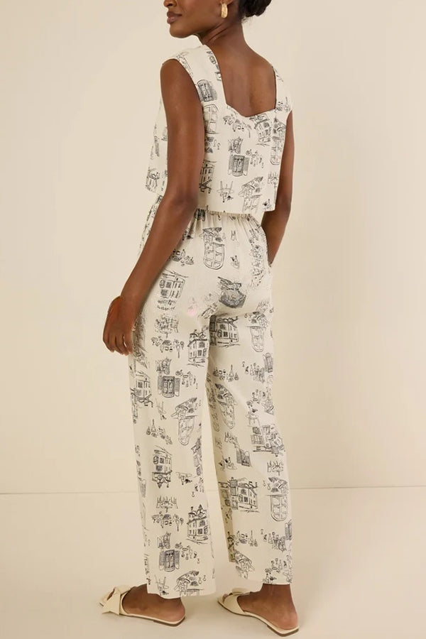 Maeve Linen Blend Unique Print Square Neck Tank and Elastic Waist Pocket Loose Pants Set