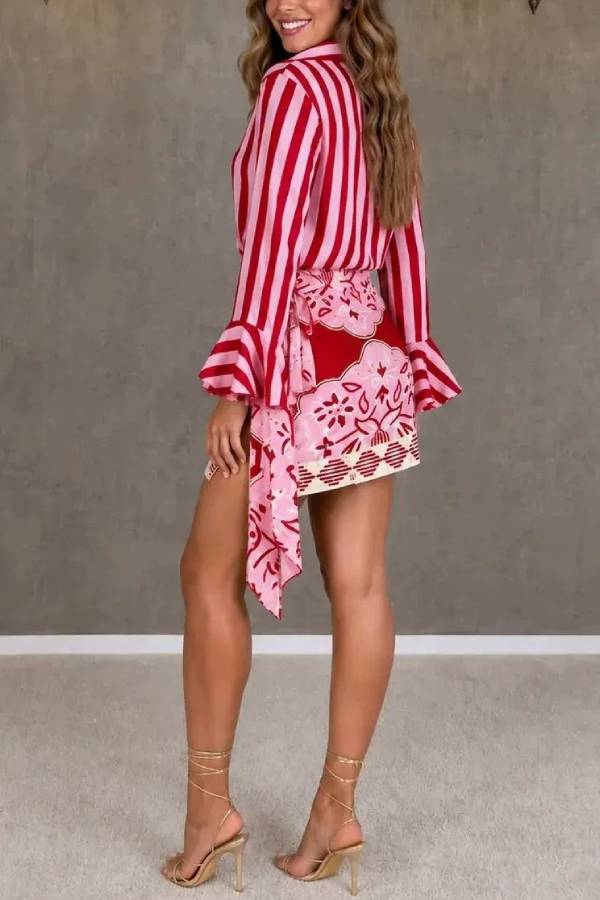 Striped Shirt & Printed Wrap Skirt Two‑Piece Set