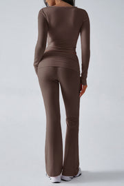 Women's Solid Color Simple Long Sleeve V-Neck Top And Trousers Knit Two-Piece Set