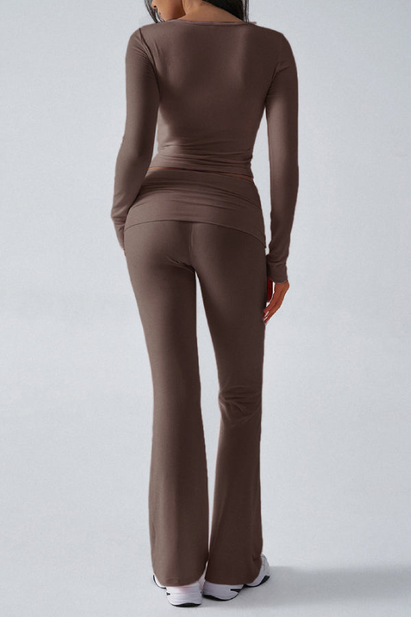 Women's Solid Color Simple Long Sleeve V-Neck Top And Trousers Knit Two-Piece Set