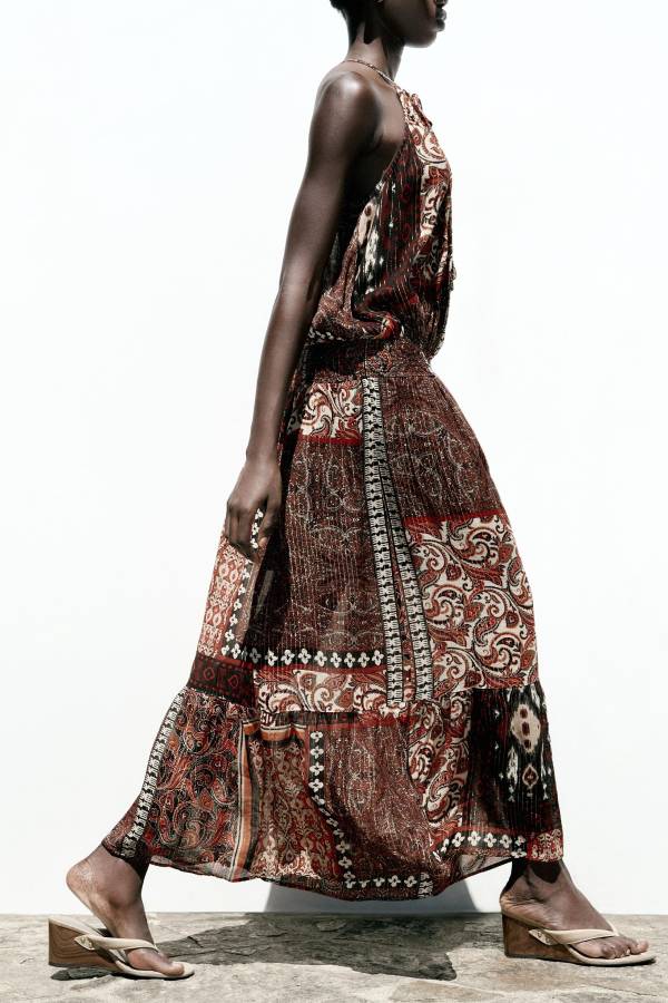 Ethnic Boho Colorblock Print Elastic Waist Resort Style Maxi Dress