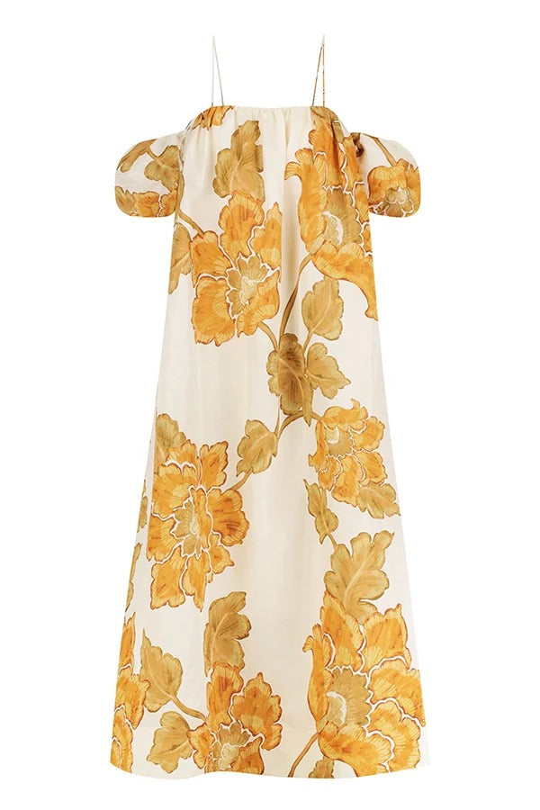 Floral Print Suspenders Puff Sleeves Loose Pocket Holiday Maxi Dress