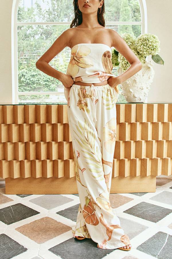 Island Time Linen Blend Unique Print Strapless Top and Elastic Waist Pocket Loose Pants Set