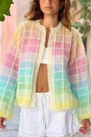 Palette Day Knit Color Blocks Open Front Balloon Sleeve Loose Cardigan