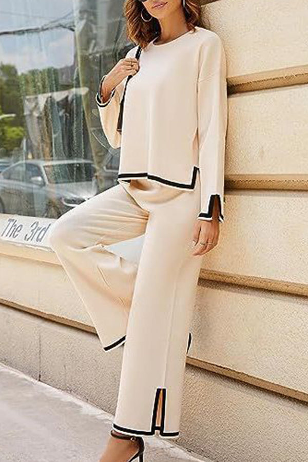 Tanming Long Sleeved Knitted and Wide Leg Pants Two Piece Set