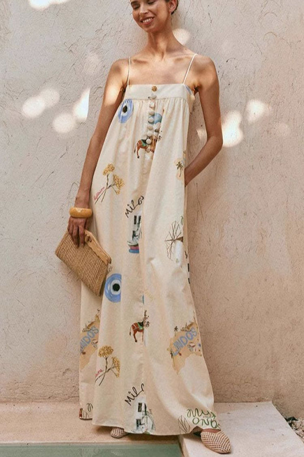 Linen Blend Sling Backless Loose Holiday Maxi Dress