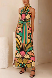 Unique Print Halter Neck Tie Backless Holiday Maxi Dress