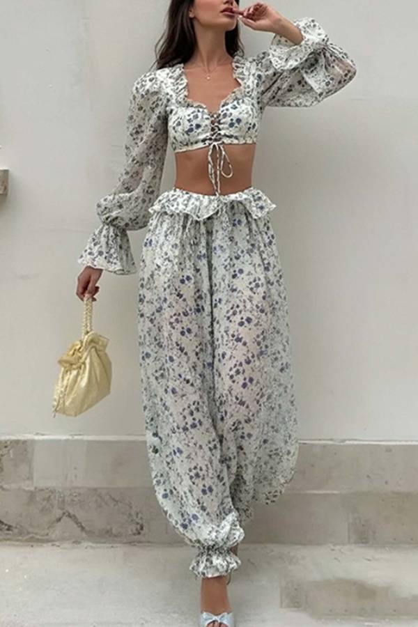 Floral Lace‑Up Crop Top & Jogger Pants Two‑Piece Set