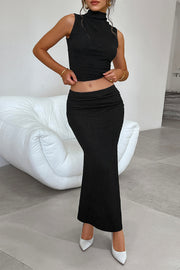 Women's Temperament Slim Fit Solid Color Sleeveless Top Maxi Skirt Set