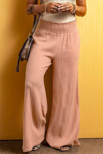 Smocked Elastic Waist Wide Leg Cotton Linen Pants