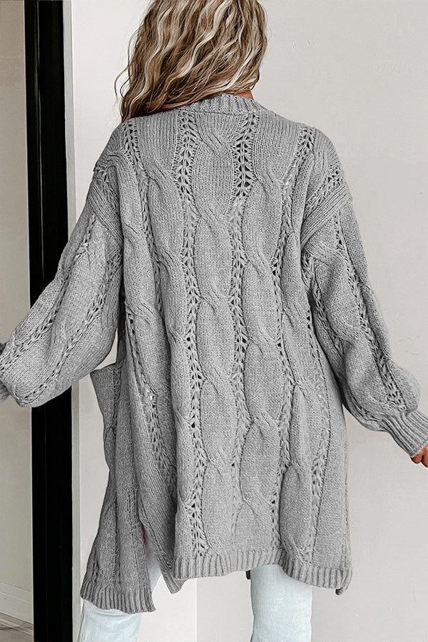 Ribbed Trim Hollow Knit Side Slits Cardigan