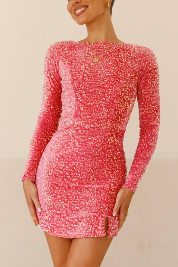 Sequins Long Sleeve Split Bodycon Mini Dress