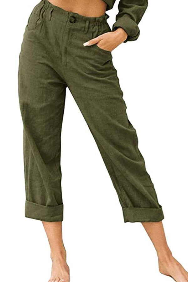 Solid color cotton and linen fashionable loose high waist casual pants