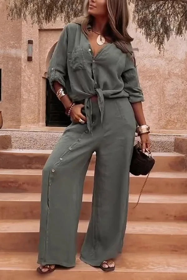Solid Color Lapel Casual Button-down Shirt and Loose Pocket Slit Wide-leg Pants Set